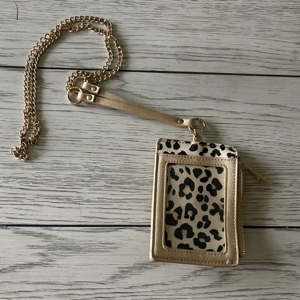 Chico’s Animal Print ID Lanyard and Card Holder, Gold and Leopard